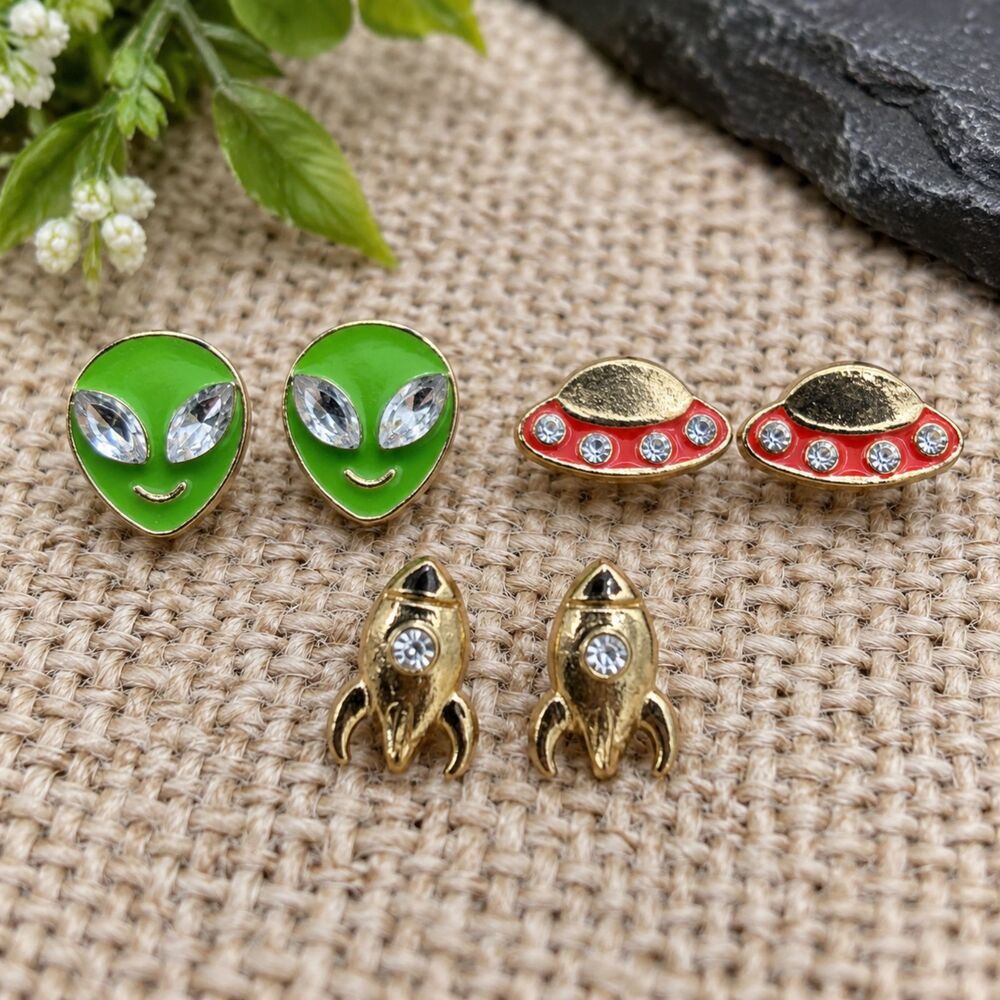 Alien UFO Rocket Stud Earrings 3 Pair Set Rhinestone Enamel Gold Tone Space Y2K